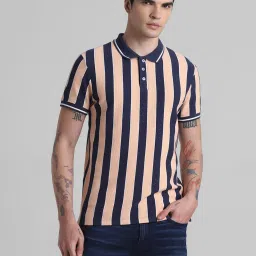 Jack & Jones Peach Parfait Cotton Slim Fit Striped Polo T-Shirt image 4