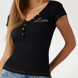 Guess Black Cotton Solid T-Shirt image 4