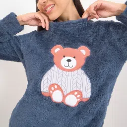 Sweet Dreams Navy Fleece Self Full Sleeves Top and Pyjama image 4