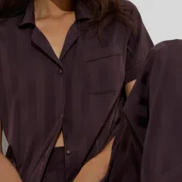 Wunderlove by Westside Brown Self-Striped Cotton Shirt with Pyjamas Set image 4