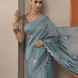 Libas Blue Embellished Saree With Unstitched Blouse image 4