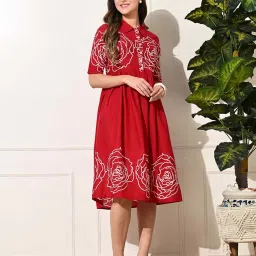 DECKEDUP Red Cotton Printed A-Line Dress image 4