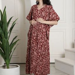 Secret Wish Maroon Printed Maternity Kaftan Nighty-picture-37