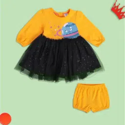 MINIKLUB Girls Orange & Black Printed Full Sleeves Dress with Bloomers-image-41