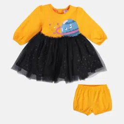 MINIKLUB Girls Orange & Black Printed Full Sleeves Dress with Bloomers image 4