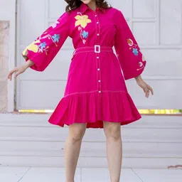 Zolo Label Women Pink Cotton Embroidered Mini Shirt Dress with Collar & 3/4th Sleeves-image-26