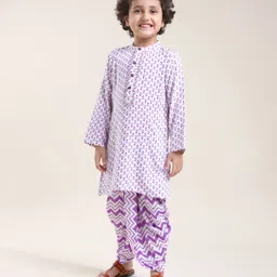 Babyhug Cotton Full Sleeves Kurta With Dhoti Floral Print & Embroidery - White & Purple-picture-21