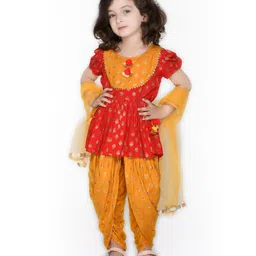 Saka Designs By Sapna Half Sleeves Floral Motif Foil Printed & Lace Embellished    Top  Dhoti And Dupatta Set  - Red & Mustard Yellow-picture-13