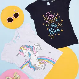Pantaloons Junior Pack of 2 Half Sleeves Unicorn & Text Printed Tee - White & Black-picture-11