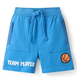 Babyhug Cotton Looper Knit Shorts with Basketball Patch & Text Print - Blue-picture-11