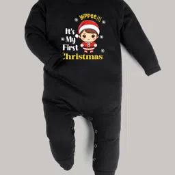 FFlirtygo Christmas Theme Cotton Full Sleeves Yippee Its My First Christmas Printed Romper - Black-picture-11