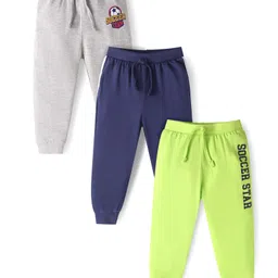 Babyhug Single Jersey Full Length Track Pants with Soccer Star Print Pack of 3 - Navy Blue Grey & Neon Green image 1