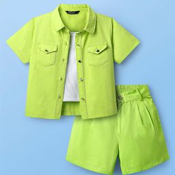 Pine Kids Viscose Rayon Woven Half Sleeves Solid Shirt & Shorts Co-Ord Set With Inner Top - Lime Green-picture-22