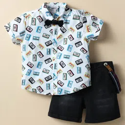 ToffyHouse Poplin Woven Half Sleeves Cassette Printed Shirt & Shorts With Bow & Suspender - White & Navy Blue-picture-17