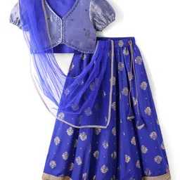 Pine Kids Woven Half Puffed Sleeves Choli Lehenga Set with Dupatta Motif Glitter Print & Lace Detailing - Royal Blue-picture-27