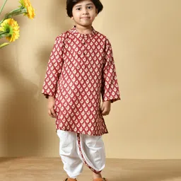 MoMaa Cotton Woven Full Sleeves Abstract Motif Printed Kurta Dhoti Set - Maroon-picture-18
