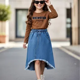 OLLINGTON ST. Cotton Knit Full Sleeves Rockstar Text Printed Top & Stretchable Skirt Denim Set -Brown & Blue-image-86