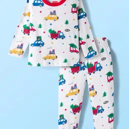 Babyhug Cotton Knit Full Sleeves Co-ords Night Suit With Vehicle Print - White-picture-23