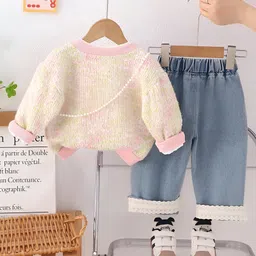 Googo Gaaga Cotton Knit Bunny Printed Top Trousers With Full Sleeves Light Winter Sweater - Pink image 3