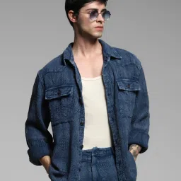 Jack & Jones Blue Cotton Loose Fit Textured Shirt image 4