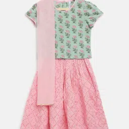 Campana Kids Mint Green & Pink Cotton Floral Print Lehenga Cholis-image-72