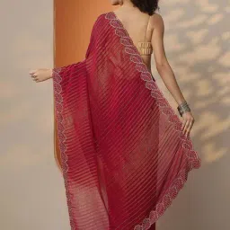 Libas Red Striped Saree With Unstitched Blouse image 2