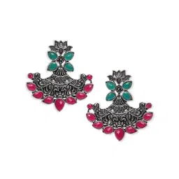 OOMPH Silver Oxidized Green & Red Lotus Shape Ethnic Drop Earrings image 4