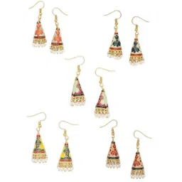 OOMPH Meenakari Small Cone Shaped with Lotus Design Jhumki Earrings - Set of 5 image 4