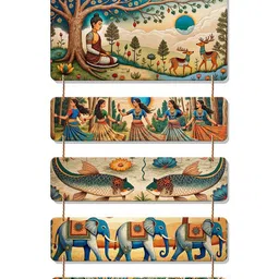 ArtVibes Blue & Green Buddha Peacock & Tribal Dance Printed Wall Hanging-image-12