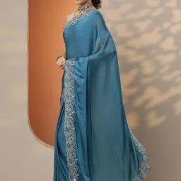 Libas Blue Satin Embroidered Saree With Unstitched Blouse image 3