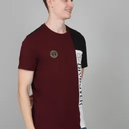Cantabil Maroon Regular Fit Colour Block T-Shirt image 4