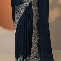 Libas Navy Blue Embroidered Saree With Unstitched Blouse image 5