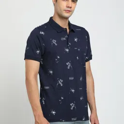 Turtle Navy Knitted Slim Fit Printed Polo T-Shirt image 4