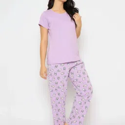 Clovia Purple Cotton Regular Fit Top & Pyjama Set image 4