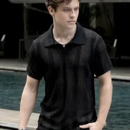 Campus Sutra Black Regular Fit Self Pattern Polo T-Shirt-image-74