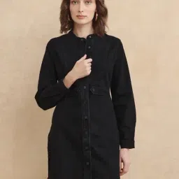 RAREISM Black Cotton Blend Solid Long Sleeves Dress-image-90
