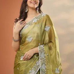 Libas Green Embroidered Saree With Unstitched Blouse image 5