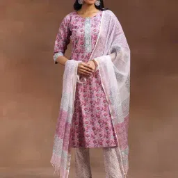 Libas Pink Floral Print Kurta With Pant & Dupatta-image-0