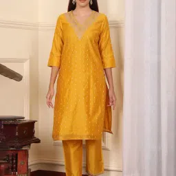 W Yellow Embroidered Straight Kurta-image-10