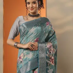 Libas Sea Green Floral Print Saree With Unstitched Blouse image 5