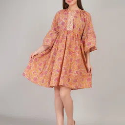 Gora Glama Women Floral Printed Mandarin Collar Flared Sleeve A-Line Dress-image-20
