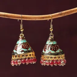 Oomph Turquoise Blue Ferozi Red Meenakari Cone Shape Jhumki Earrings-image-18