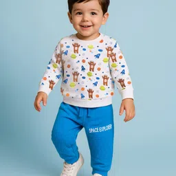 Babyhug Terry Knit Full Sleeves T-Shirt & Lounge Pant Set With Space Theme Print - White & Blue-picture-22