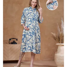 Lovely Mom's Rayon Woven Three Fourth Sleeves Floral Printed Maternity Dress With Nursing Access - Blue-image-33