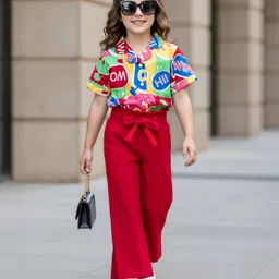 OLLINGTON ST. 100% Cotton Knit Half Sleeves Text Printed Top & Pant Set With Belt - Green Yellow & Red-picture-16