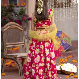 Pspeaches Cotton One Shoulder Sleeves Floral Printed Lehenga Choli With Dupatta Set - Magenta image 3