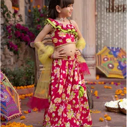 Pspeaches Cotton One Shoulder Sleeves Floral Printed Lehenga Choli With Dupatta Set - Magenta image 4