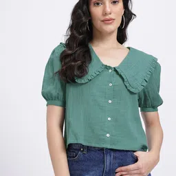 glitchez Crinkled Effect Above The Keyboard Collar Puff Sleeves Crop Shirt Style Top image 2