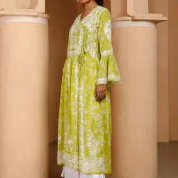 House of Chikankari Green Embroidered Angrakha Kurta image 4