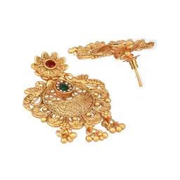 Aatmana Gold-Plated Green & Red Stone-Studded & Beaded Filigree Chand Bali Earrings image 4